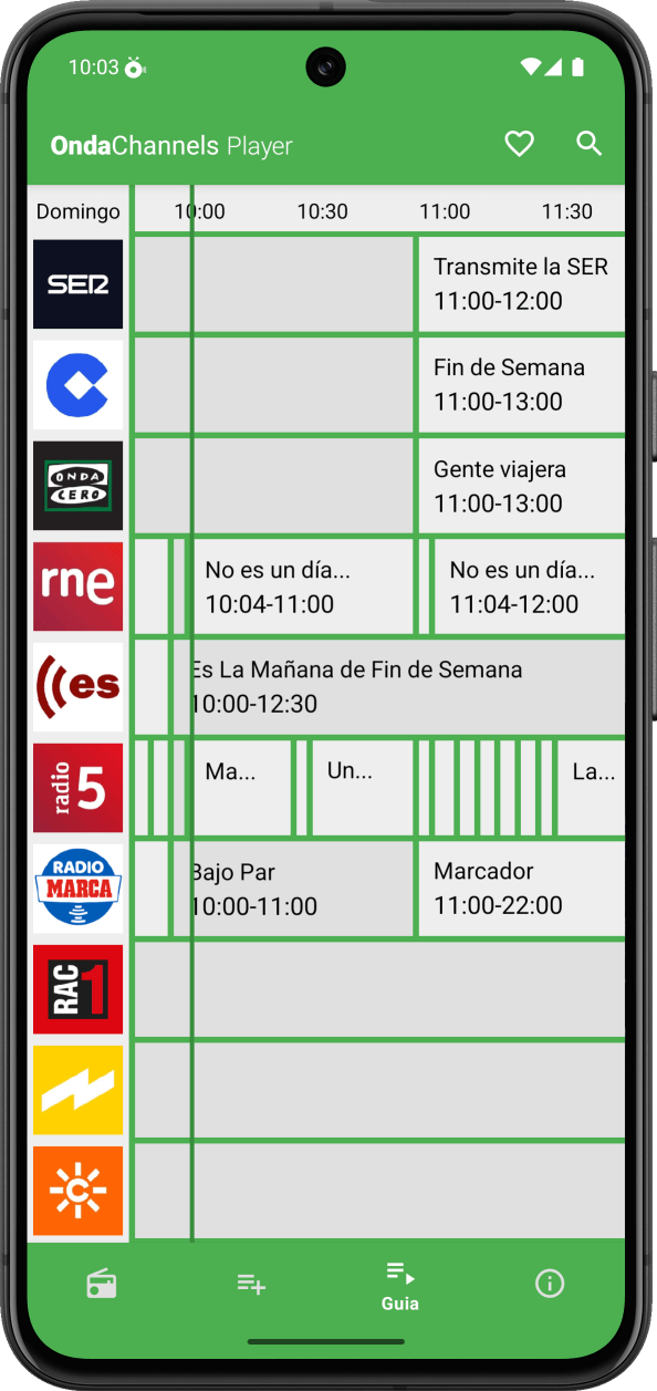 OndaChannels en Android en la pestaña de vista de EPG general