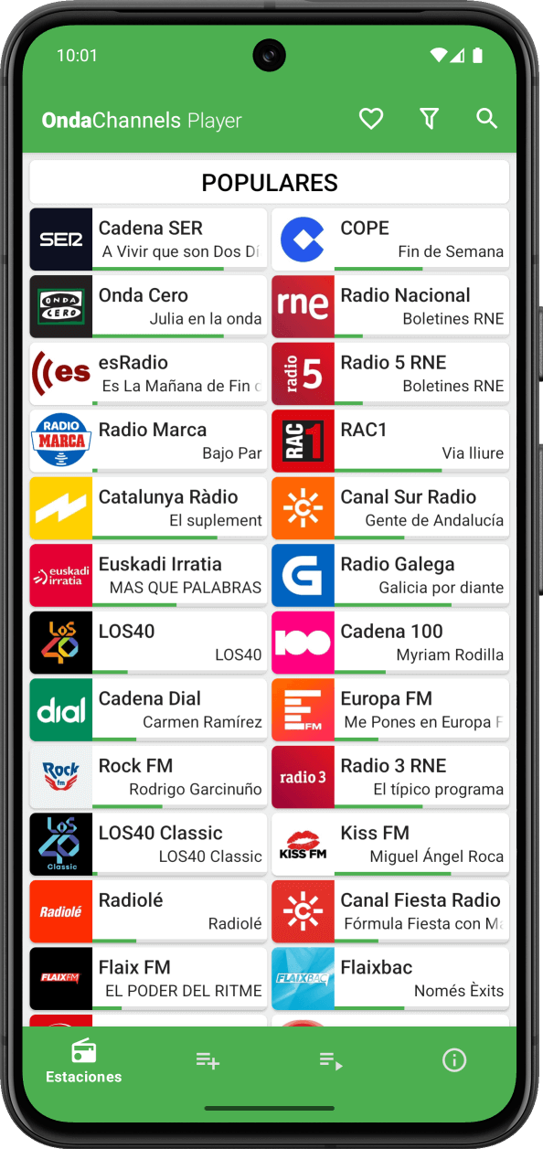 OndaChannels en Android en la pestaña radio
