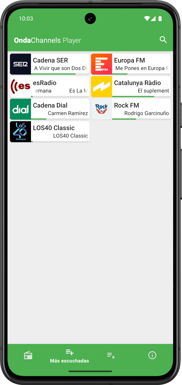 OndaChannels en Android en la pestaña de radios más escuchadas