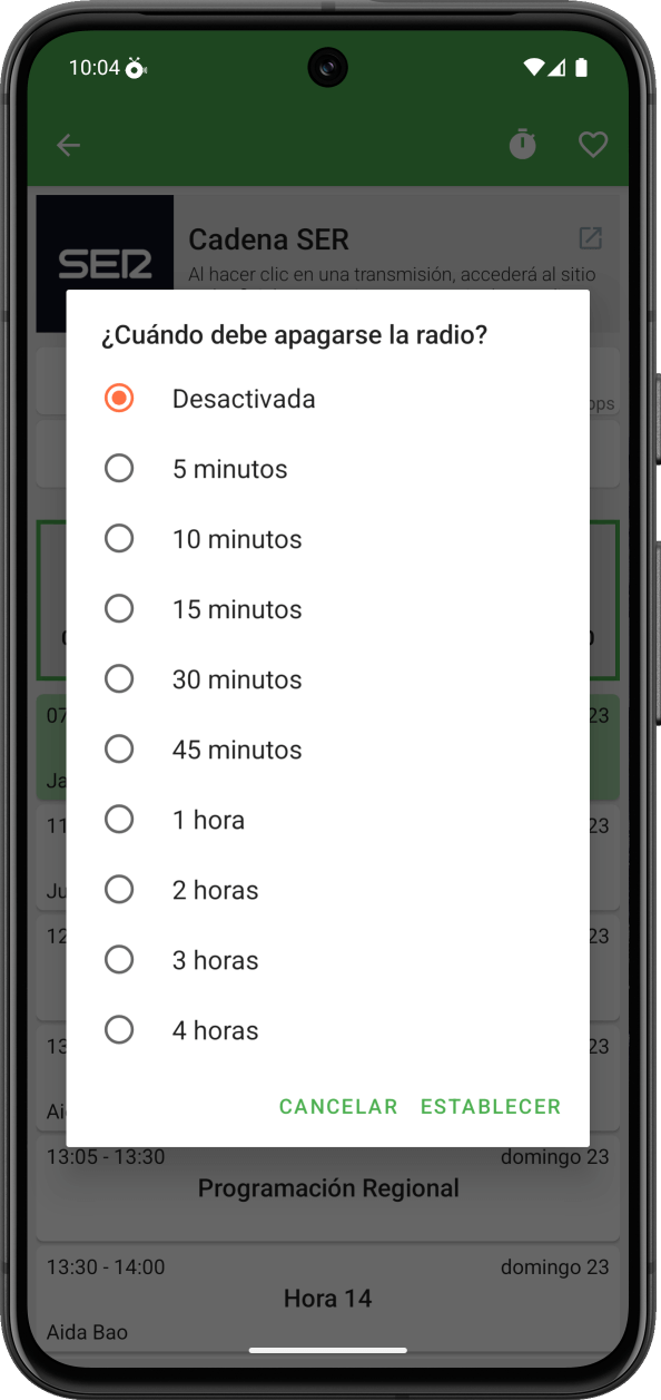 OndaChannels mostrando el temporizador de apagado